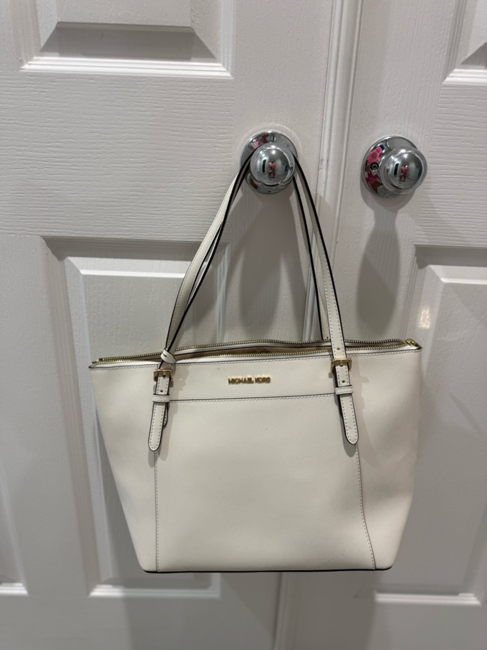 Michael Kors White Leather Tote with Gold Hardware
